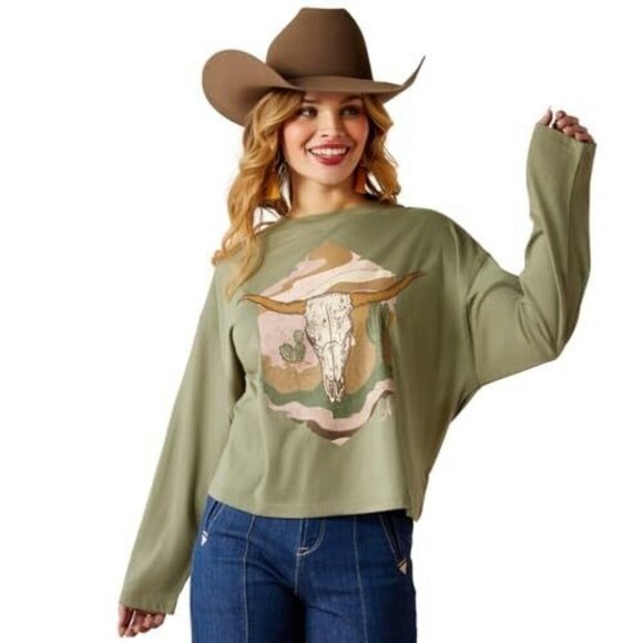 Ariat Women's Long Sleeve Boxy Crop Wanderer Graphic T-Shirt Sea Spray - Picture 1 of 3